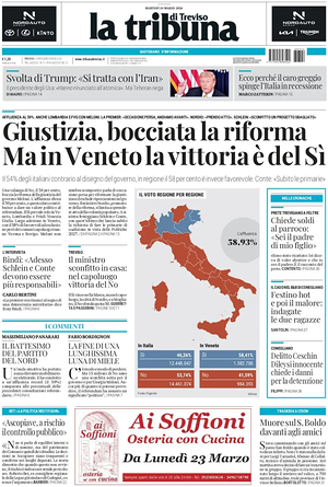 Prima pagina La Tribuna di Treviso di oggi - Quotidiano regionale