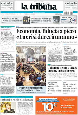 Prima pagina La Tribuna di Treviso di oggi - Quotidiano regionale