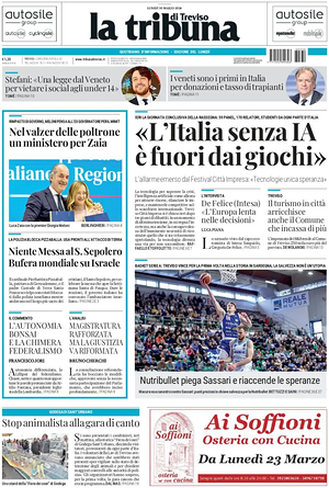 Prima pagina La Tribuna di Treviso di oggi - Quotidiano regionale