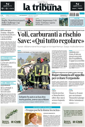 Prima pagina La Tribuna di Treviso di oggi - Quotidiano regionale