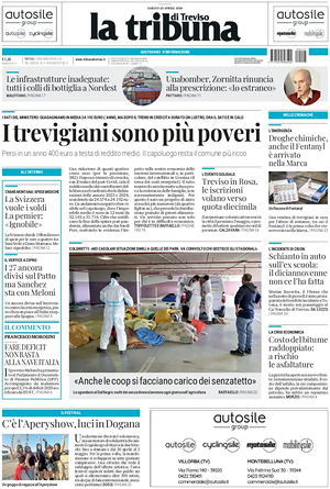 Prima pagina La Tribuna di Treviso di oggi - Quotidiano regionale