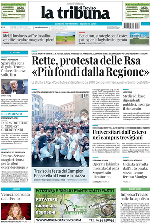 Prima pagina La Tribuna di Treviso di oggi - Quotidiano regionale