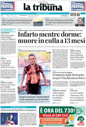 Prima pagina La Tribuna di Treviso di oggi - Quotidiano regionale