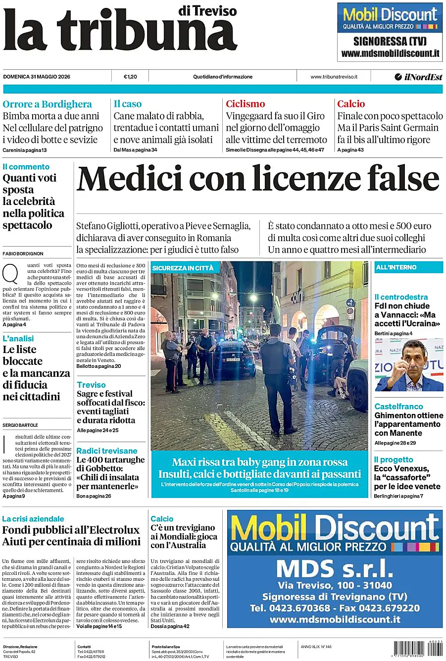 Prima pagina La Tribuna di Treviso di oggi - Edicola 31 Maggio 2026