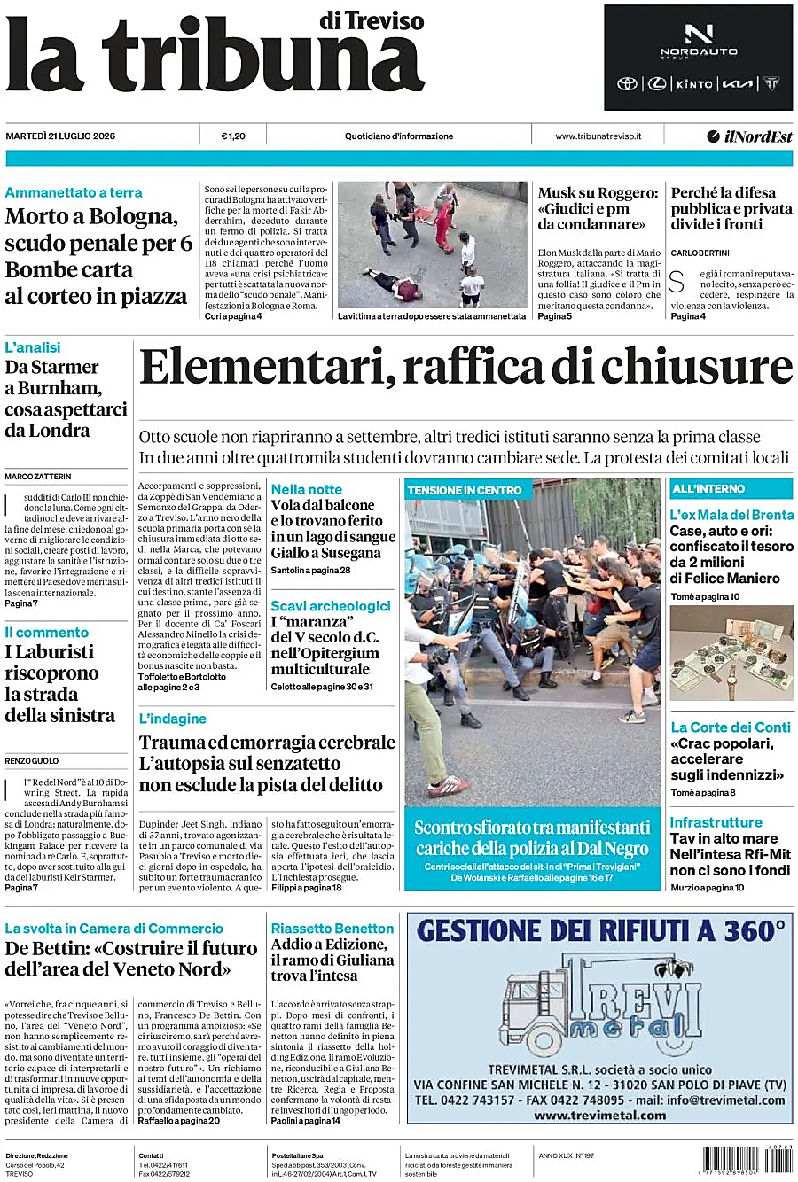 Prima pagina La Tribuna di Treviso di oggi - Edicola 21 Luglio 2026