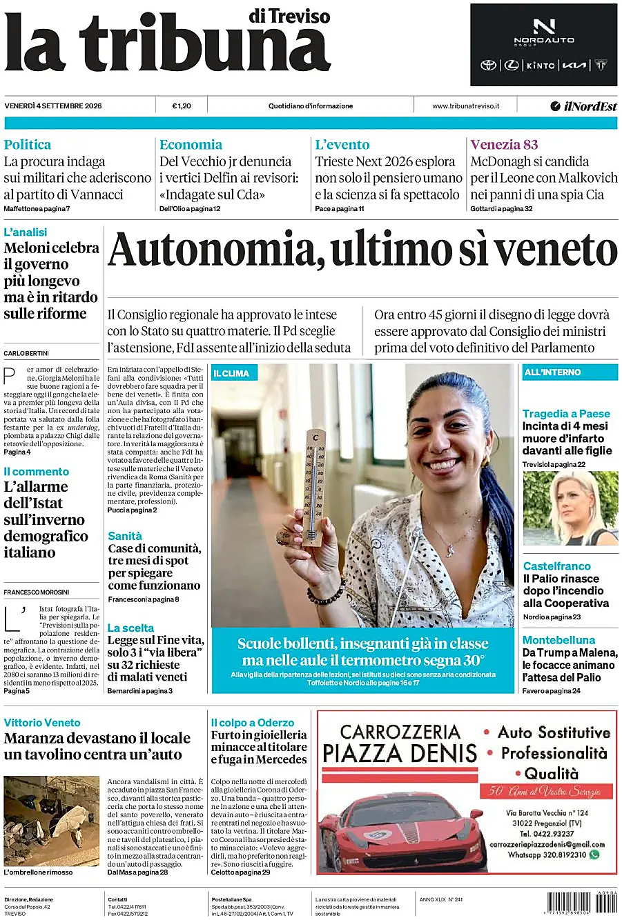 Prima pagina La Tribuna di Treviso di oggi - Edicola 4 Settembre 2026