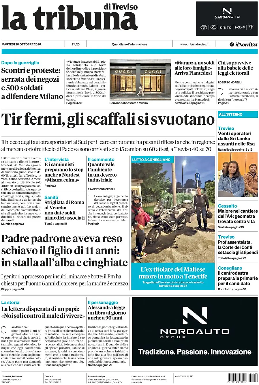 Prima pagina La Tribuna di Treviso di oggi - Edicola 20 Ottobre 2026