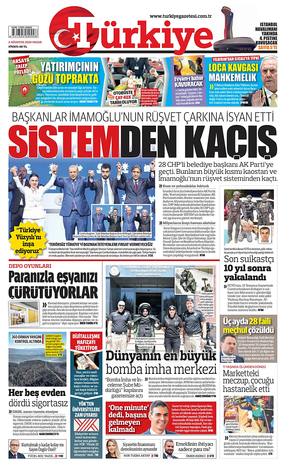 Türkiye bugünkü manşeti ve ilk sayfası - Türkiye basını 2 Ağustos 2026