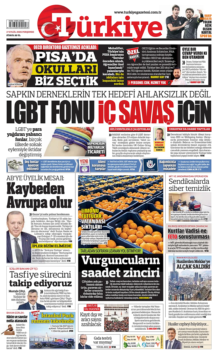 Türkiye bugünkü manşeti ve ilk sayfası - Türkiye basını 17 Eylül 2026