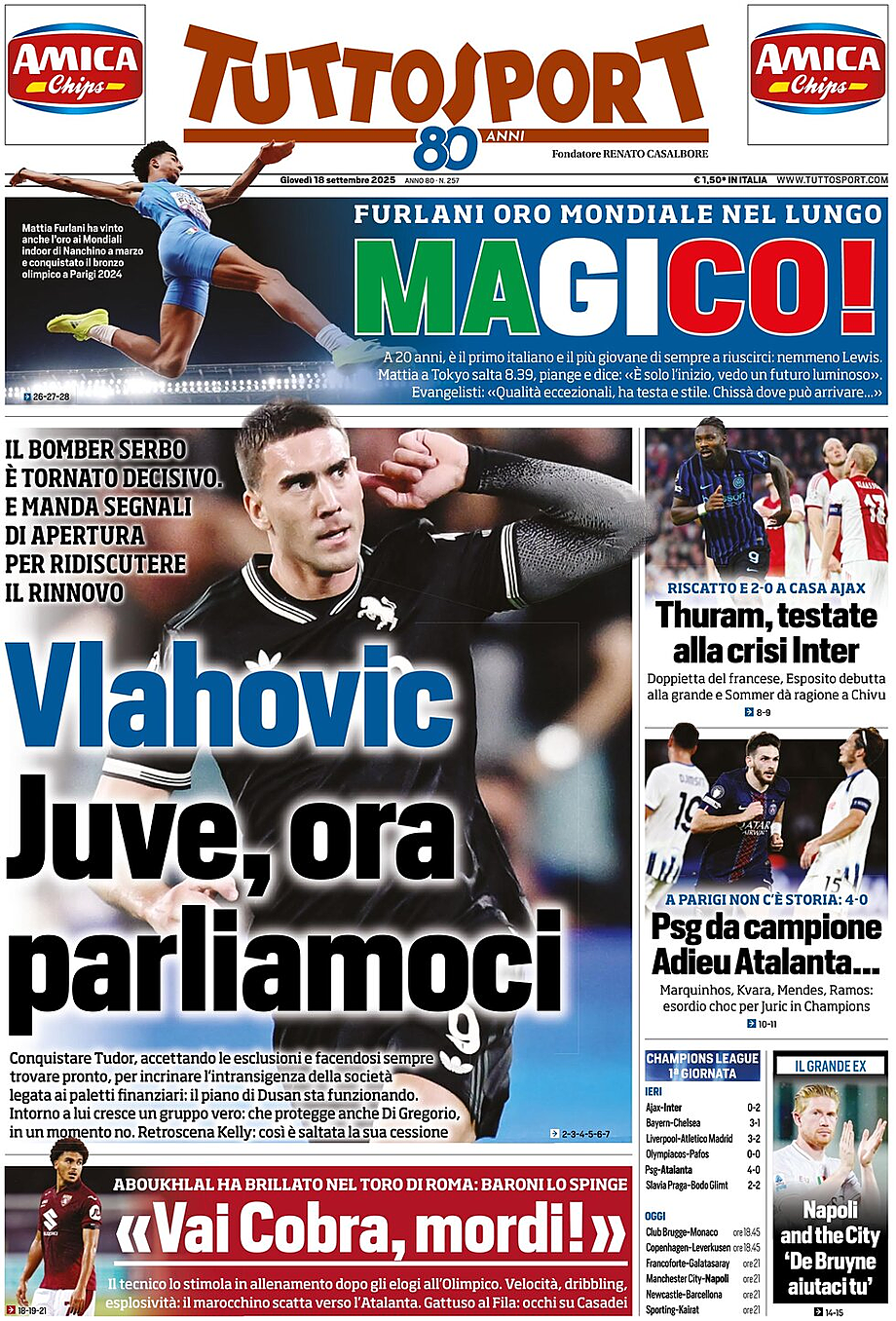 Prima pagina Tuttosport di oggi - Edicola 18 Settembre 2025