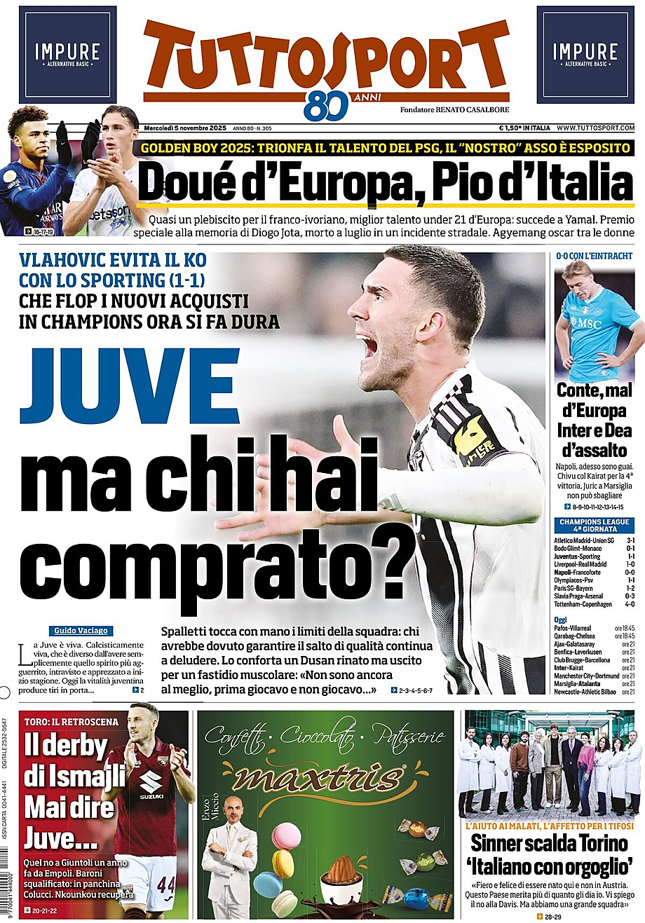 Prima pagina Tuttosport di oggi - Edicola 5 Novembre 2025