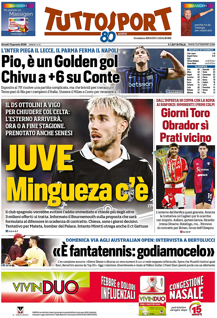 Prima pagina Tuttosport di oggi - Edicola 15 Gennaio 2026