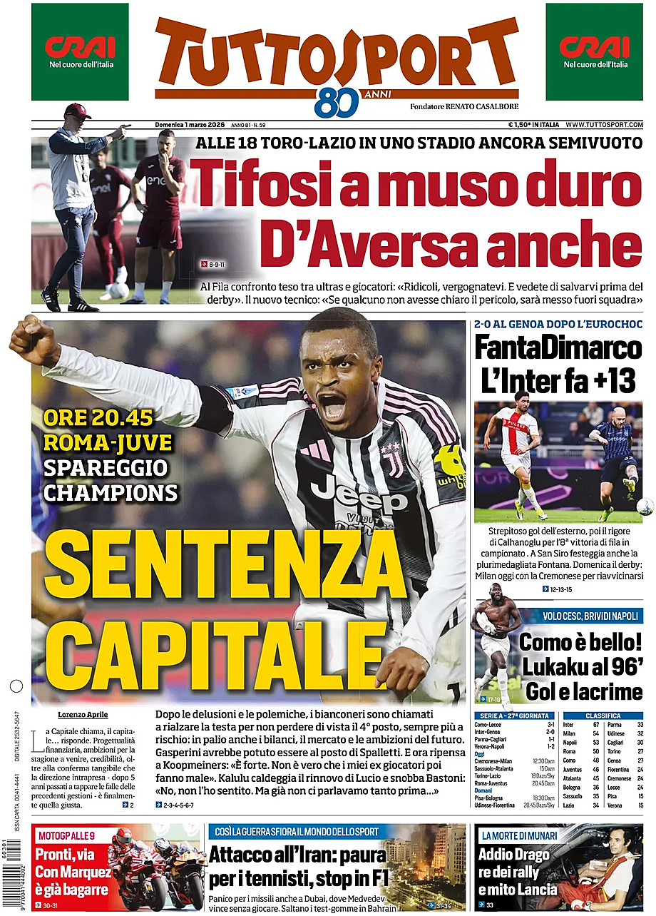 Prima pagina Tuttosport di oggi - Edicola 1 Marzo 2026