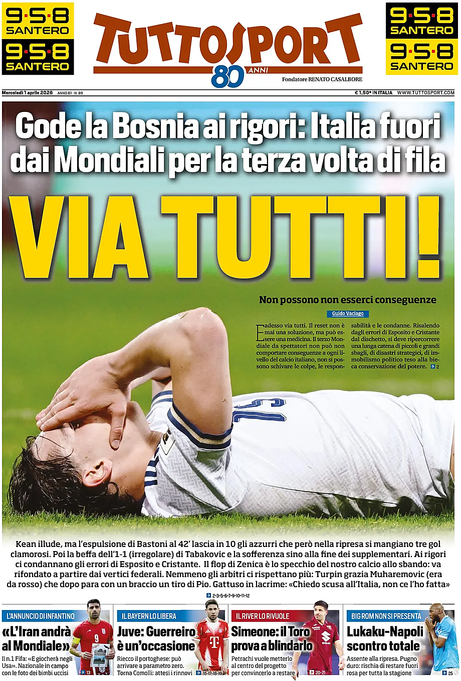 Prima pagina Tuttosport di oggi - Edicola 1 Aprile 2026