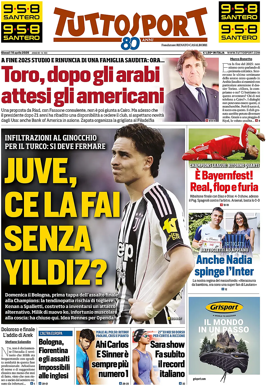 Prima pagina Tuttosport di oggi - Edicola 16 Aprile 2026