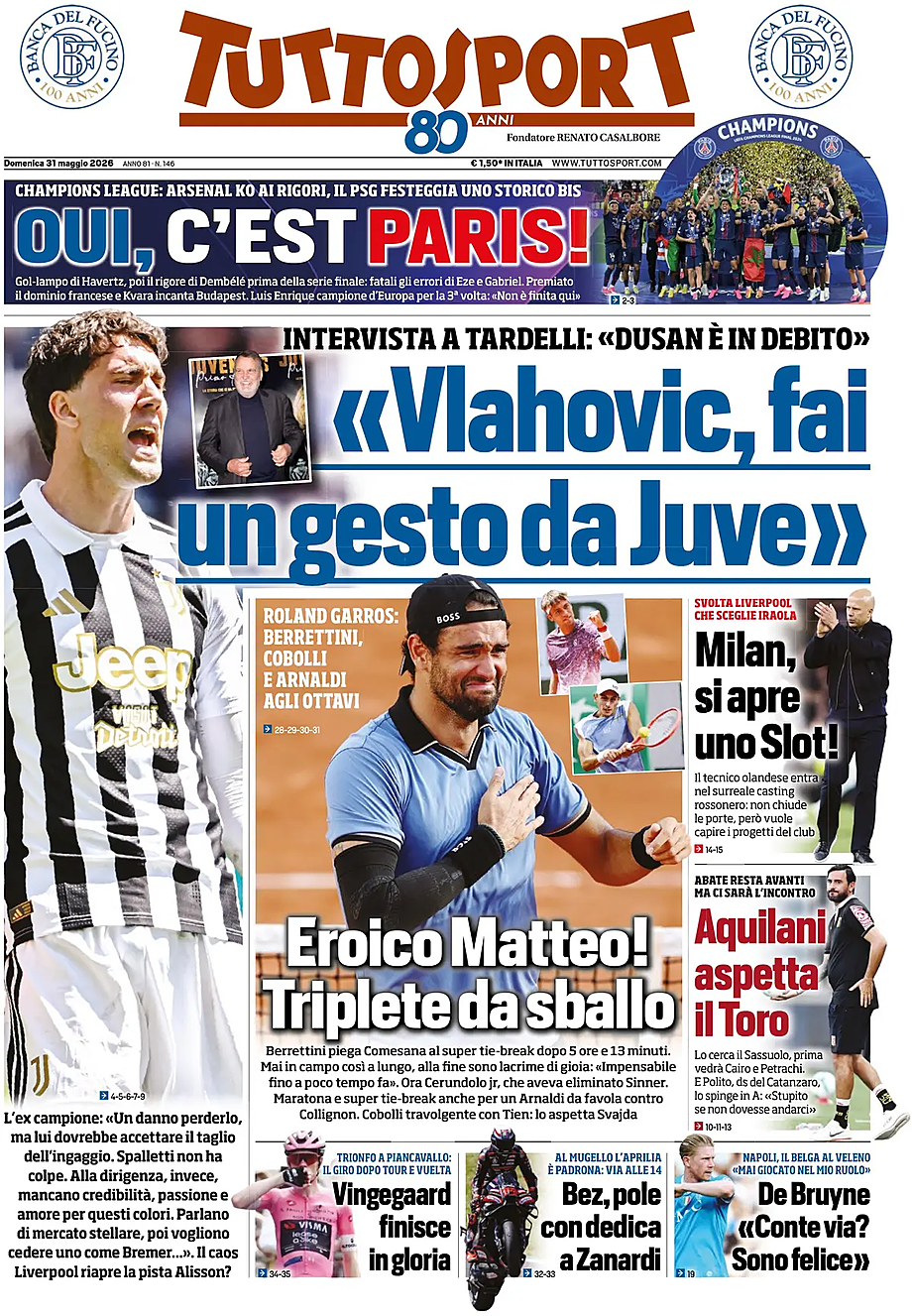 Prima pagina Tuttosport di oggi - Edicola 31 Maggio 2026