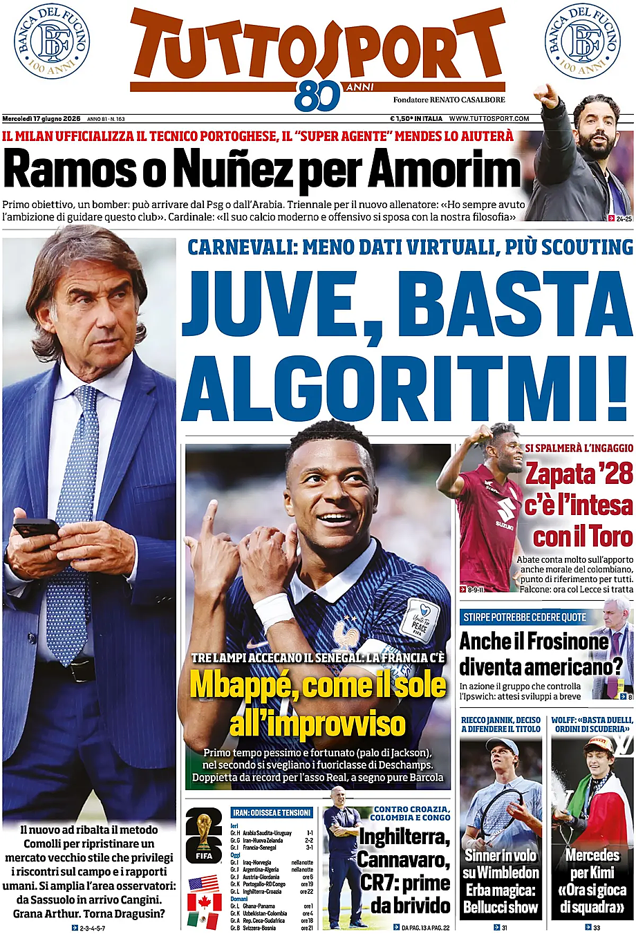 Prima pagina Tuttosport di oggi - Edicola 17 Giugno 2026