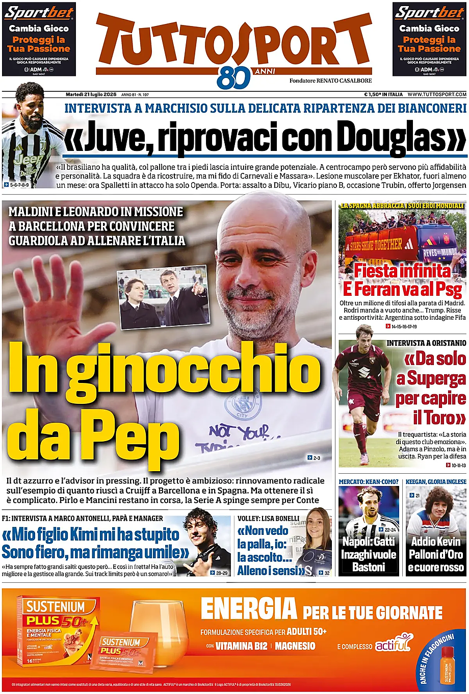 Prima pagina Tuttosport di oggi - Edicola 21 Luglio 2026