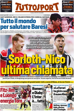 Prima pagina Tuttosport di oggi - Quotidiano sport