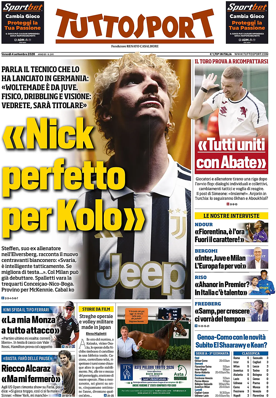 Prima pagina Tuttosport di oggi - Edicola 4 Settembre 2026