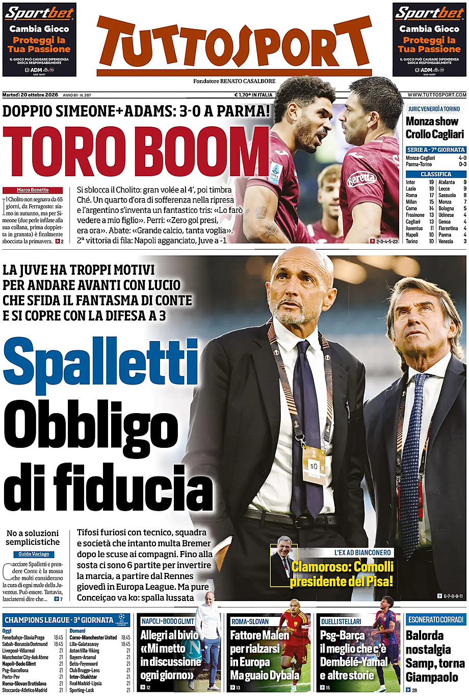 Prima pagina Tuttosport di oggi - Edicola 20 Ottobre 2026