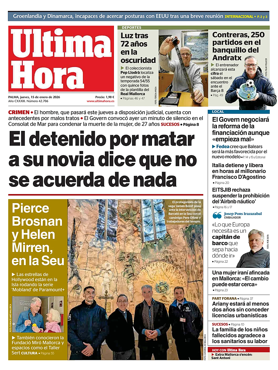 Prima pagina Ultima Hora di oggi - Edicola 15 Gennaio 2026