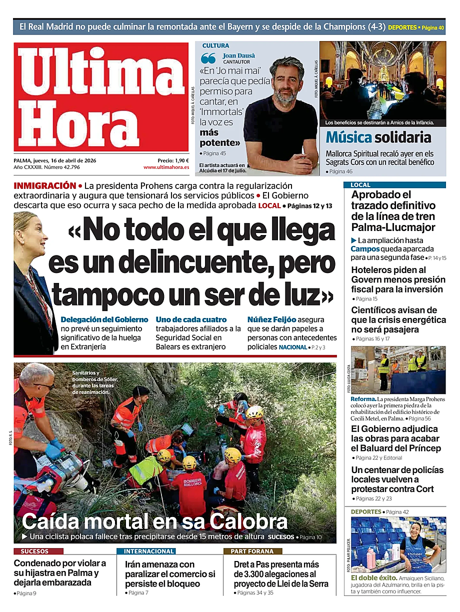 Prima pagina Ultima Hora di oggi - Edicola 16 Aprile 2026