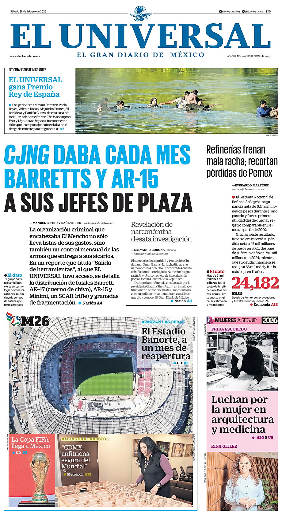 Prima pagina El Universal di oggi - Edicola 28 Febbraio 2026