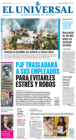 Prima pagina El Universal di oggi - Quotidiano estero