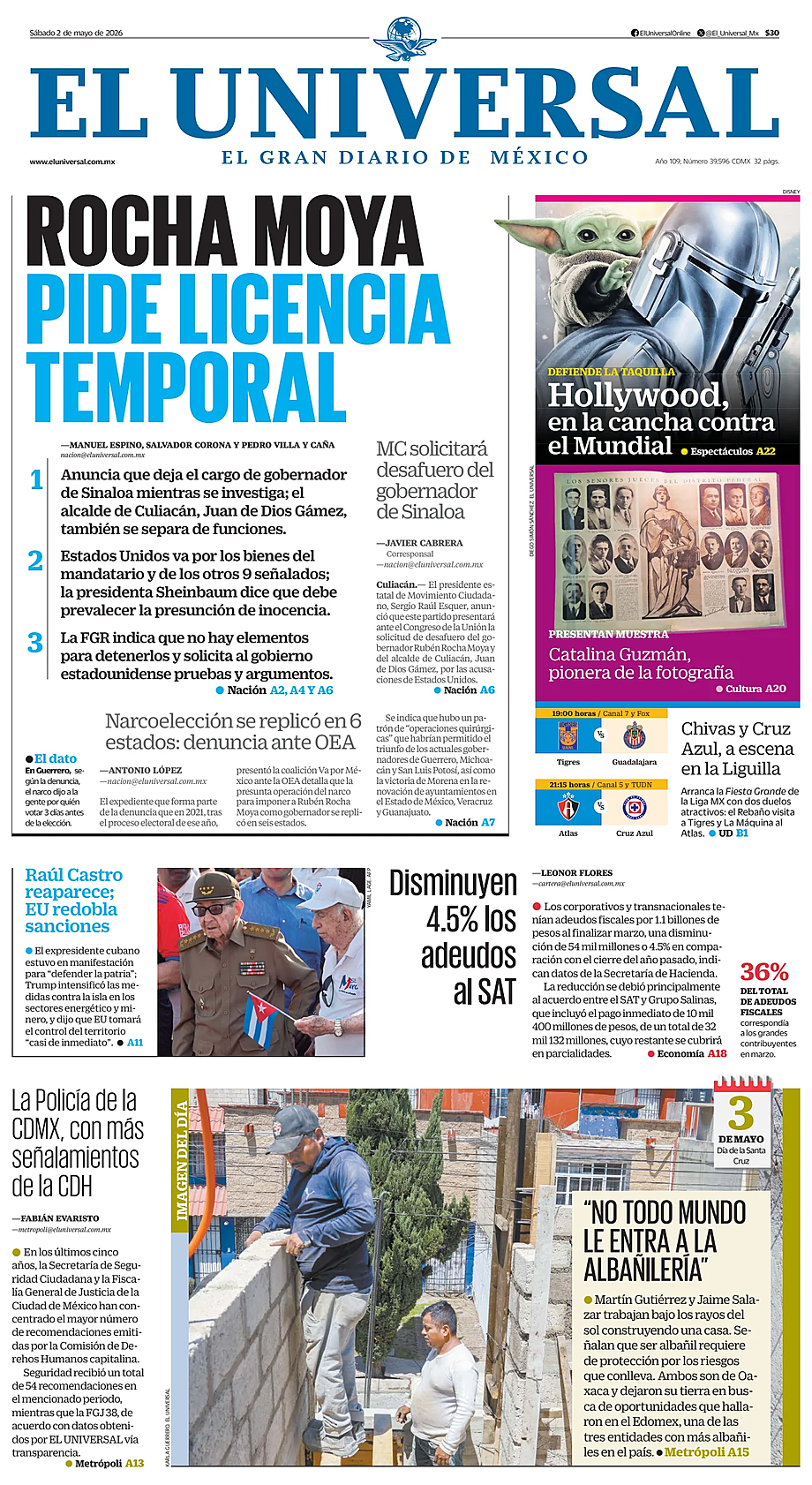 Portada El Universal de hoy - Quiosco 2 mayo 2026