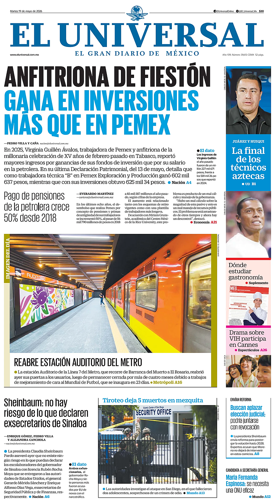Portada El Universal de hoy - Quiosco 19 mayo 2026