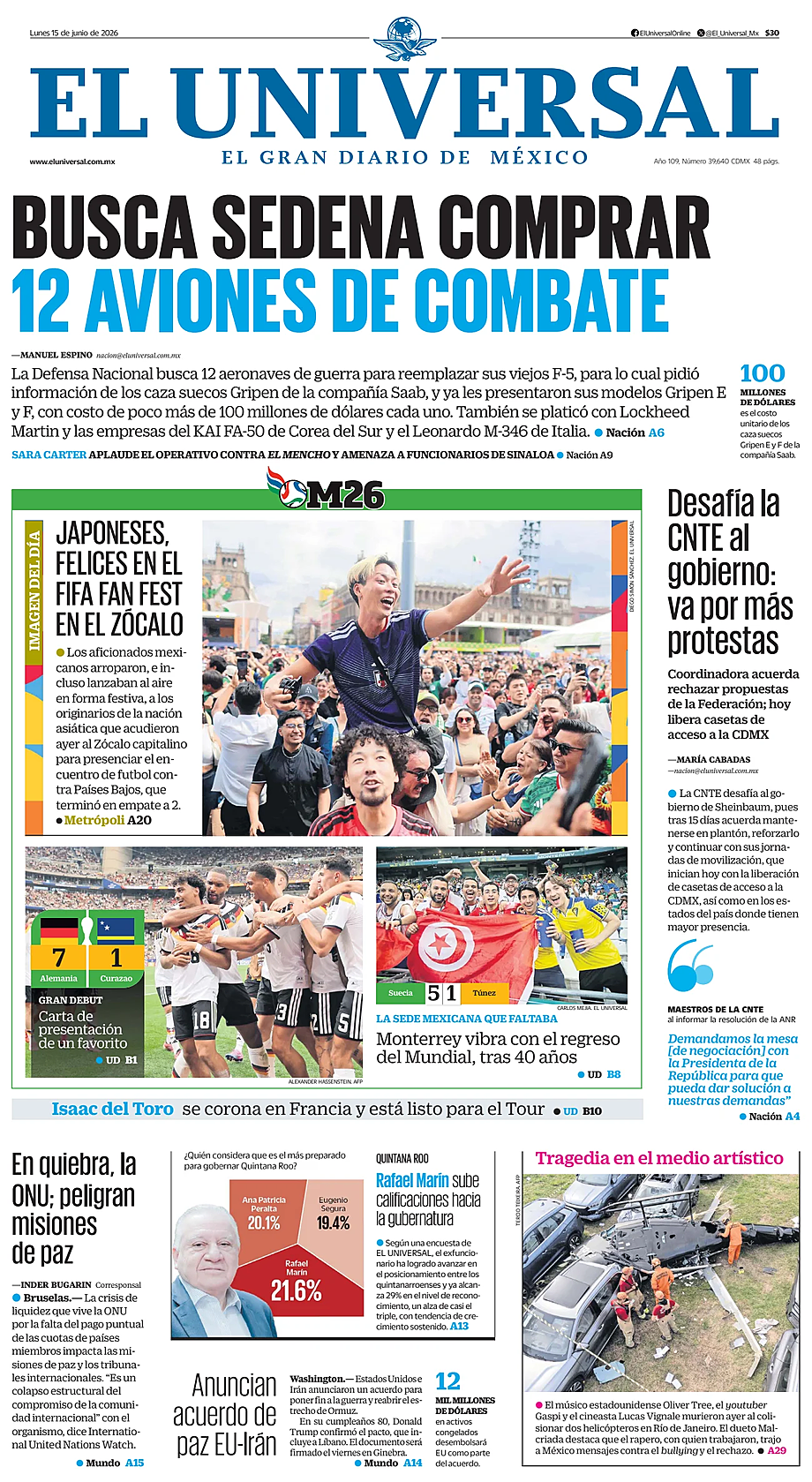 Portada El Universal de hoy - Quiosco 15 junio 2026