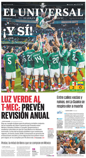 Prima pagina El Universal di oggi - Quotidiano estero