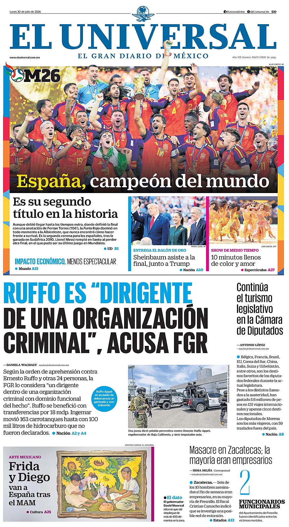 Prima pagina El Universal di oggi - Edicola 20 Luglio 2026