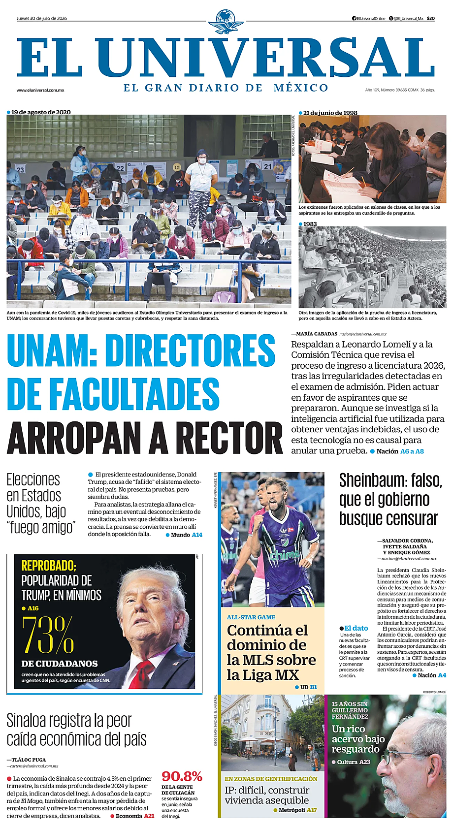 Portada El Universal de hoy - Quiosco 30 julio 2026