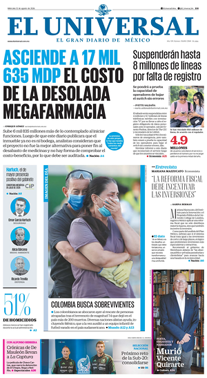 Prima pagina El Universal di oggi - Quotidiano estero