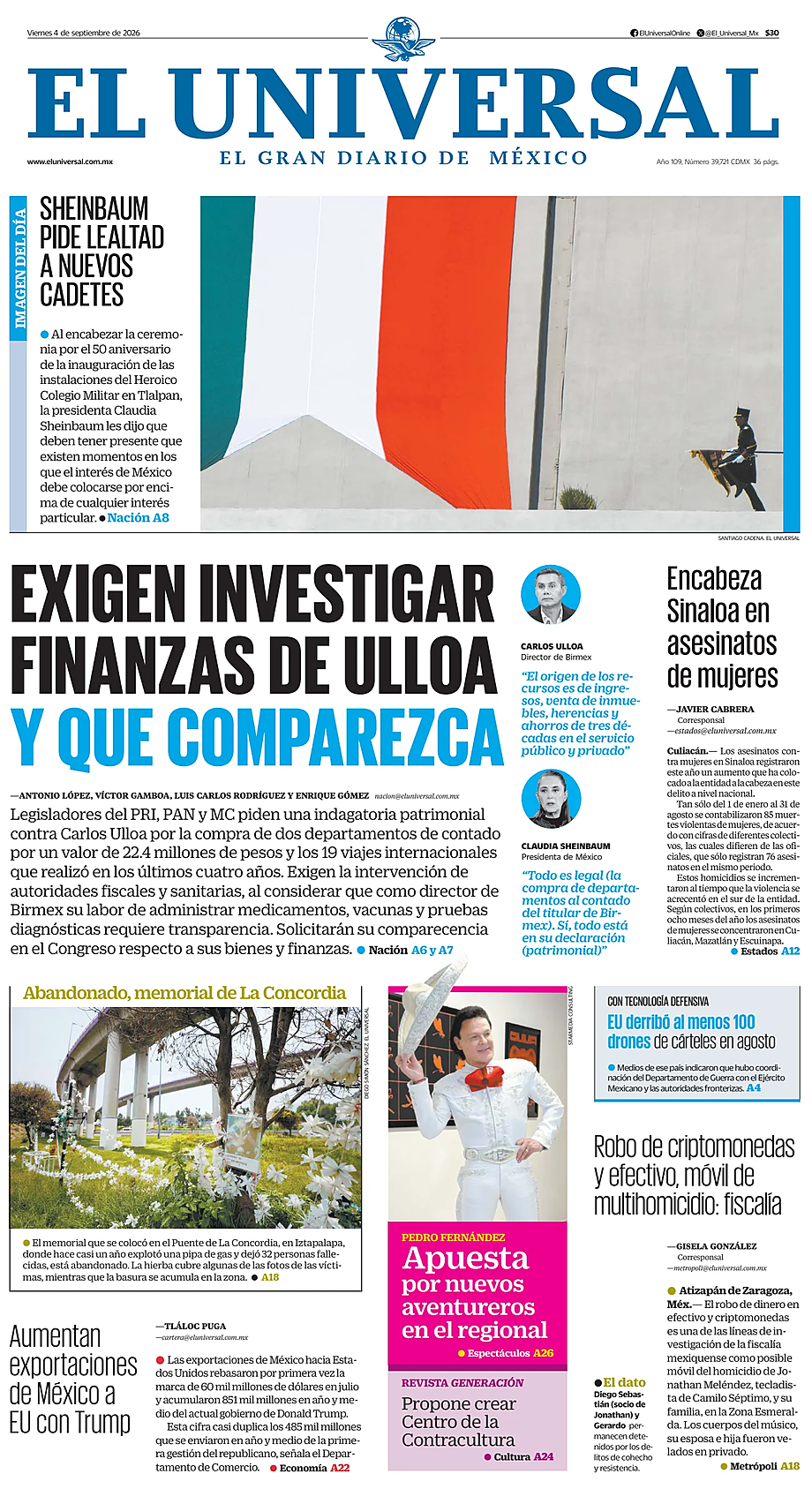 Prima pagina El Universal di oggi - Edicola 4 Settembre 2026