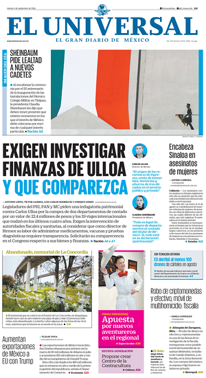 Prima pagina El Universal di oggi - Quotidiano estero