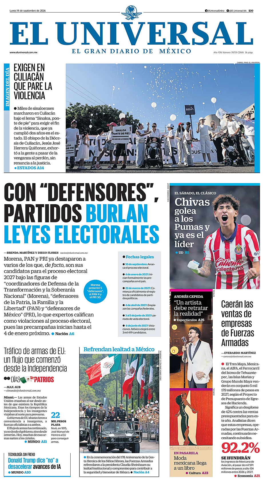 Portada El Universal de hoy - Quiosco 14 septiembre 2026