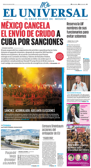Prima pagina El Universal di oggi - Quotidiano estero