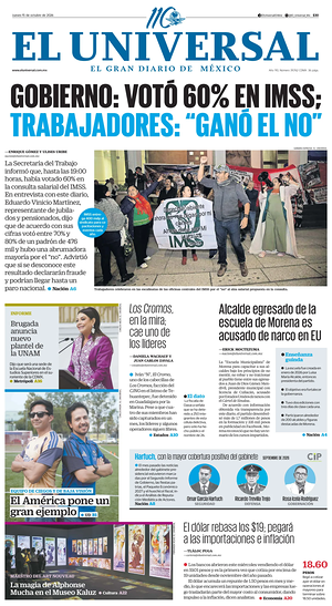 Prima pagina El Universal di oggi - Quotidiano estero