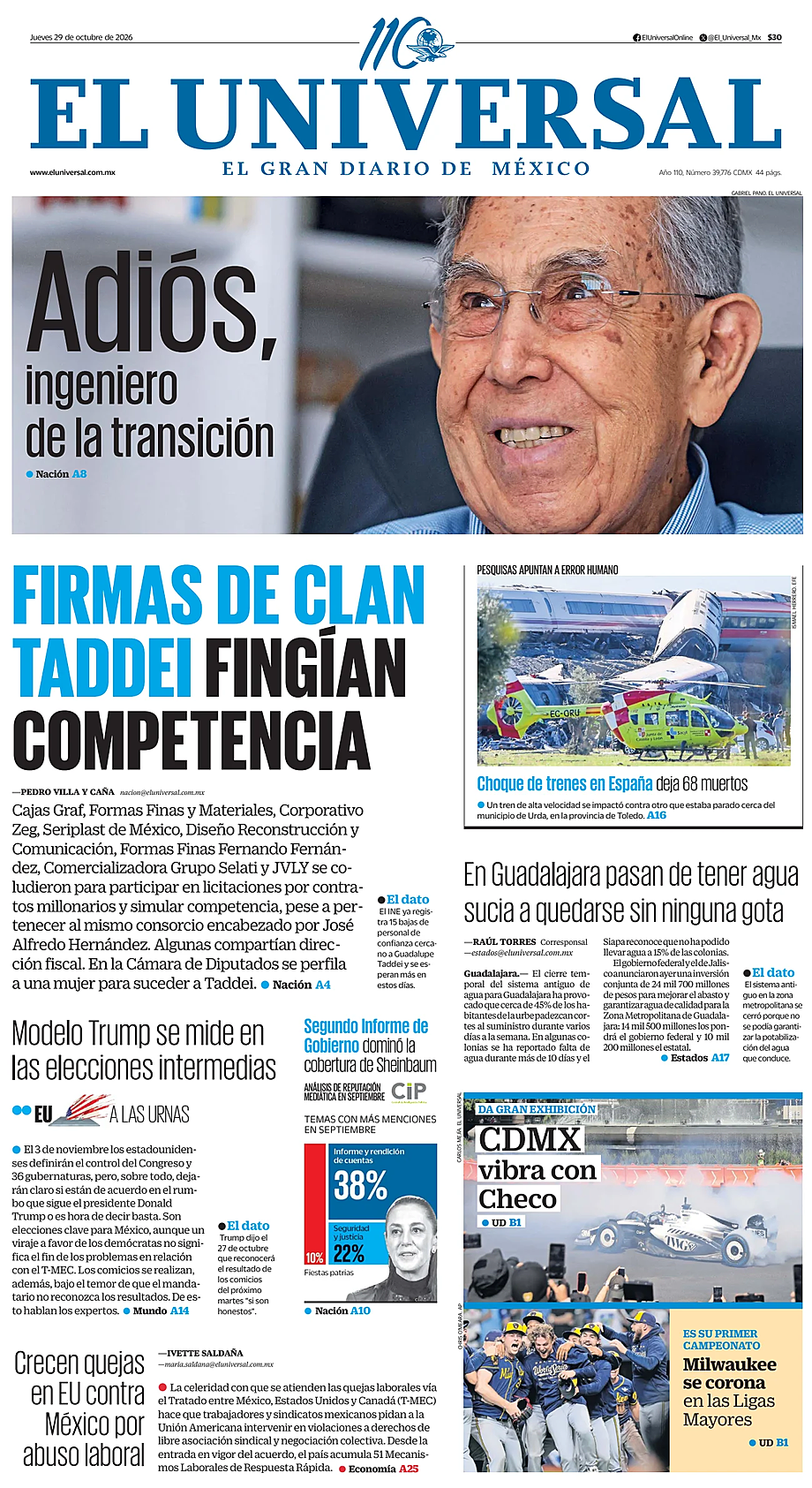 Portada El Universal de hoy - Quiosco 29 octubre 2026