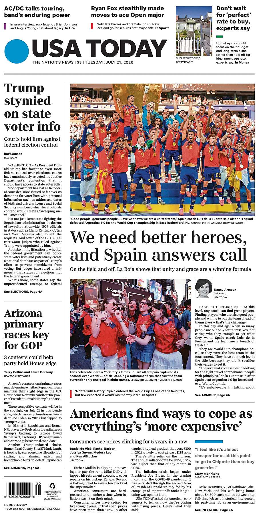 Prima pagina USA TODAY US Edition di oggi - Edicola 21 Luglio 2026