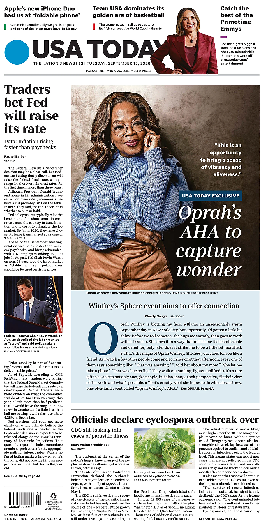 Portada USA TODAY US Edition de hoy - Quiosco 15 septiembre 2026