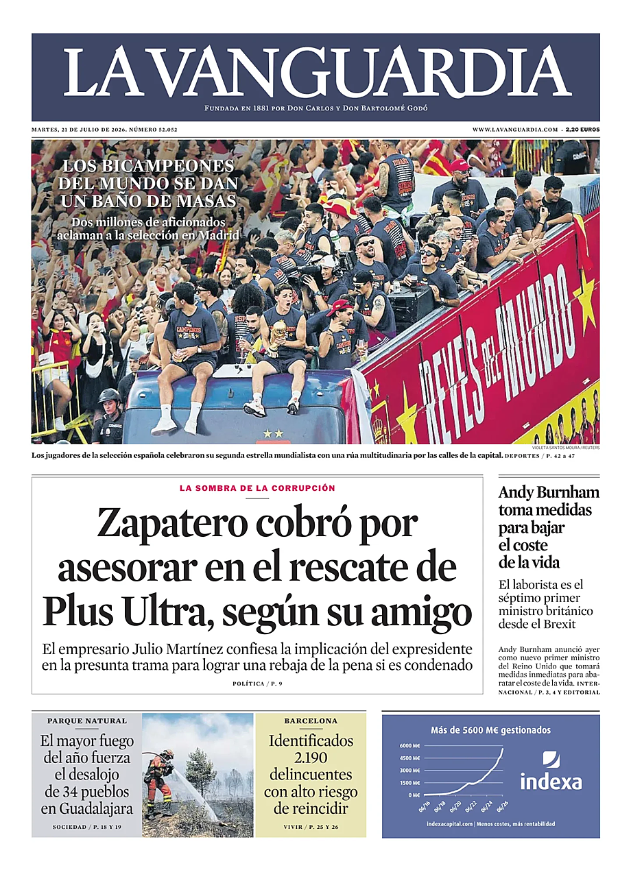 Prima pagina La Vanguardia di oggi - Edicola 21 Luglio 2026