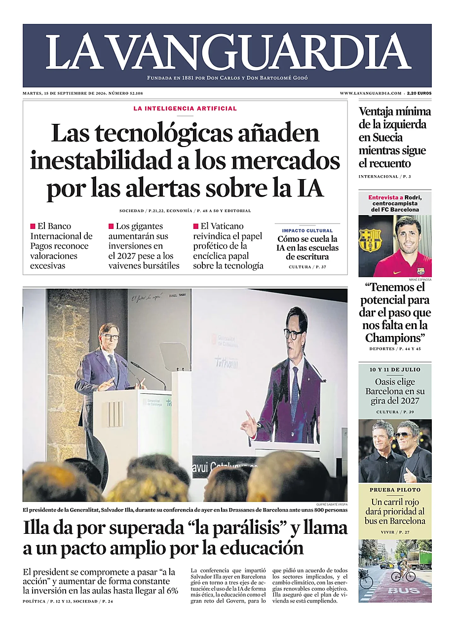 Portada La Vanguardia de hoy - Quiosco 15 septiembre 2026
