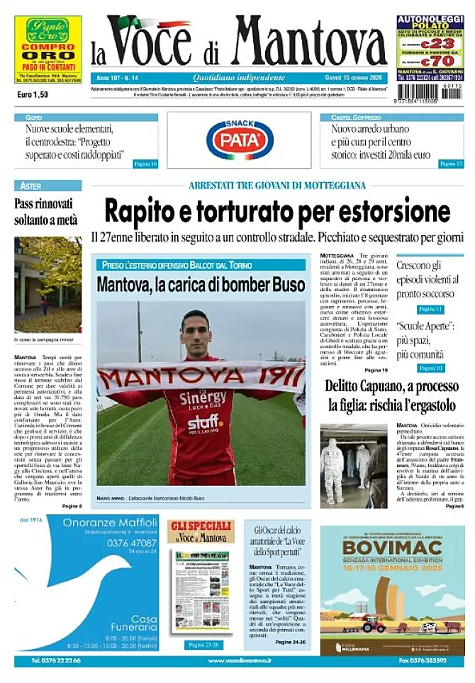 Prima pagina La Voce di Mantova di oggi - Edicola 15 Gennaio 2026