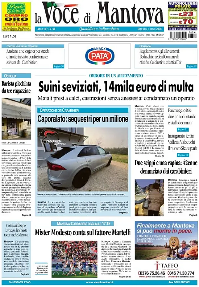 Prima pagina La Voce di Mantova di oggi - Edicola 1 Marzo 2026