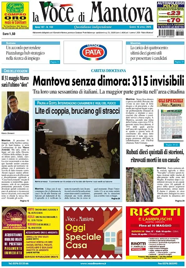 Prima pagina La Voce di Mantova di oggi - Edicola 16 Aprile 2026