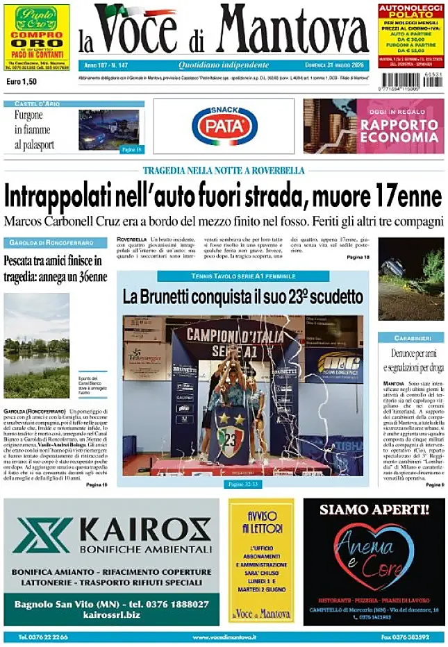 Prima pagina La Voce di Mantova di oggi - Edicola 31 Maggio 2026